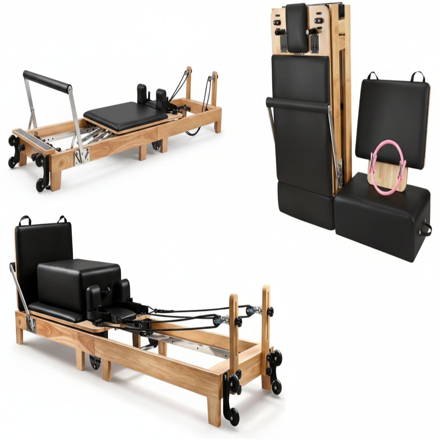 94.5"Pilates Reformer, Wooden Foldable Reformer Pilates Machine with Springs, Quick-Assembly Studio Grade Pilates Reformer Machine, Pilates Equipment with Sitting Box, Jump Board for Home Use & Studio