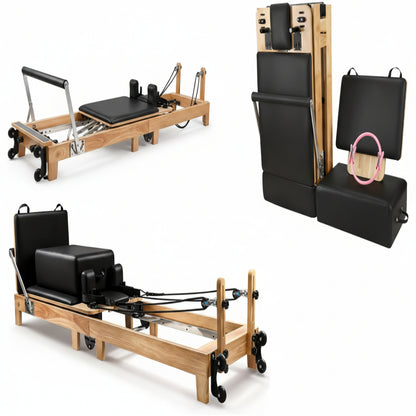 94.5"Pilates Reformer, Wooden Foldable Reformer Pilates Machine with Springs, Quick-Assembly Studio Grade Pilates Reformer Machine, Pilates Equipment with Sitting Box, Jump Board for Home Use & Studio