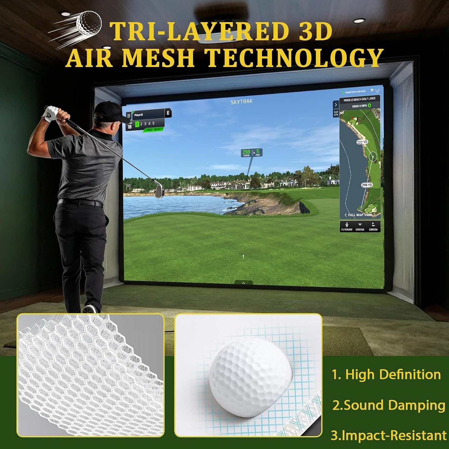 Golf Simulator Impact Screen, 4Mm 3D Mesh Golf Impact Screen with HD Visuals, Fireproof Golf Hitting Screen with Grommets for Garage/Home/Indoor