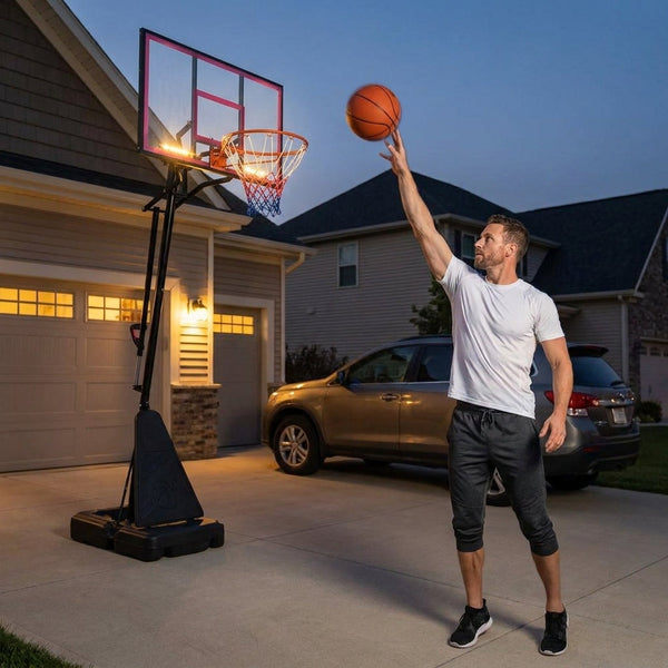Portable Basketball Hoop Designed for Night Games, LED Lighting, 8-10 Ft Adjustable, Black Metal Frame