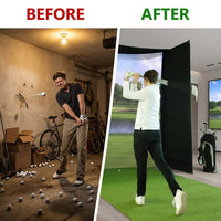 DIY Golf Simulator Impact Screen Frame Enclosure Kit Set, Use with Simulators, Durable Fabric with Velcro, Reinforced Black Border, 9.8'X9.8'X4.9' — Before & After