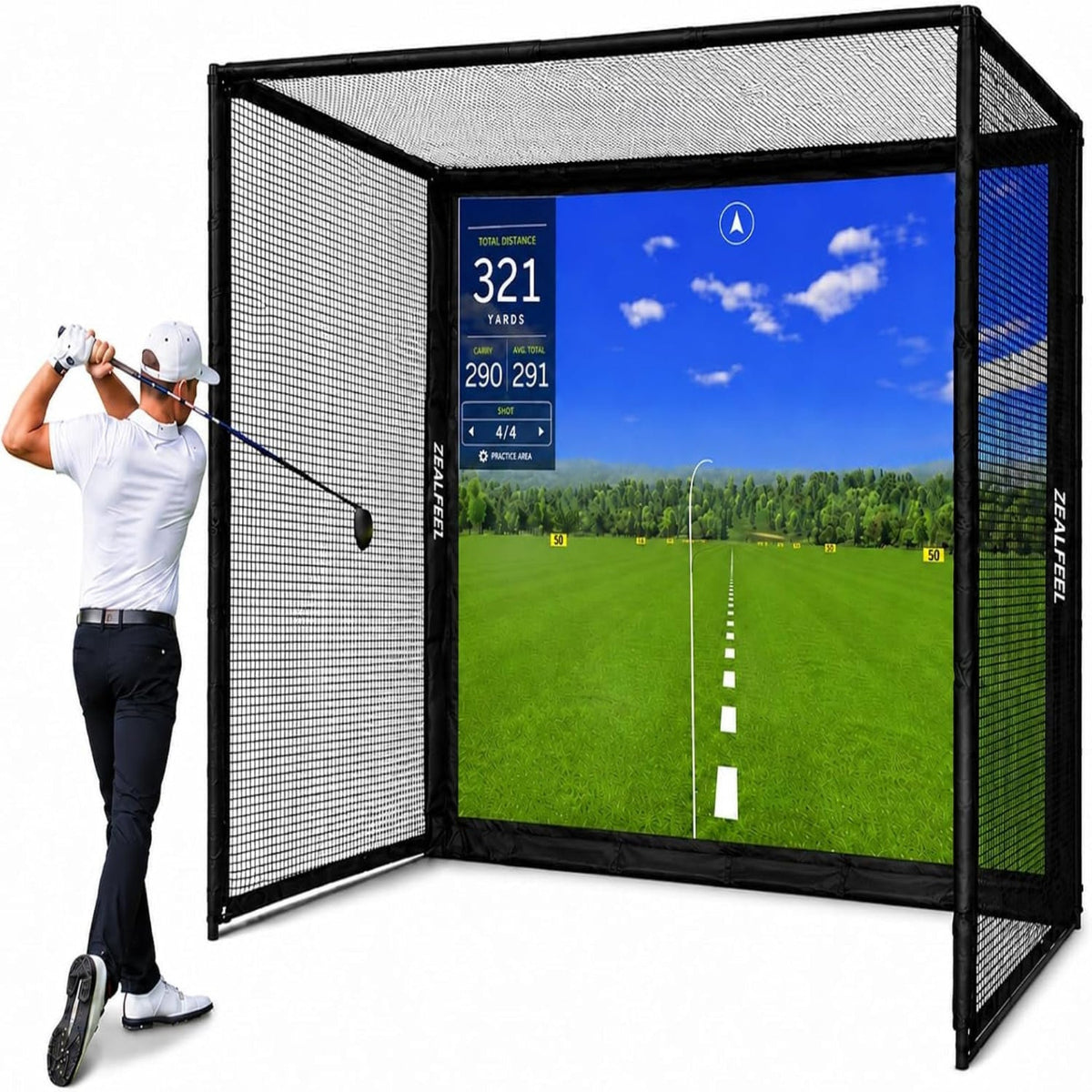Golf Simulator Enclosure, 10X8Ft Golf Hitting Net Cage with HD Impact Screen & Foam Padding, Indoor Golf Practice Net for Home Garage
