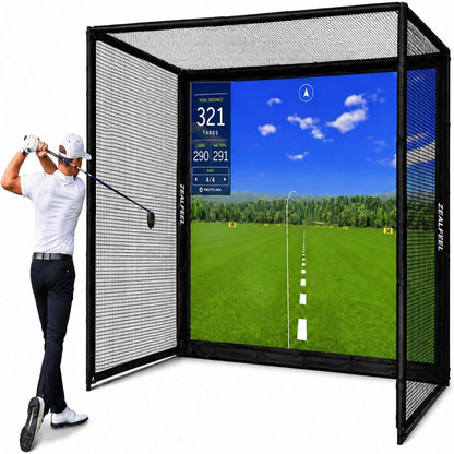 Golf Simulator Enclosure, 10X8Ft Golf Hitting Net Cage with HD Impact Screen & Foam Padding, Indoor Golf Practice Net for Home Garage
