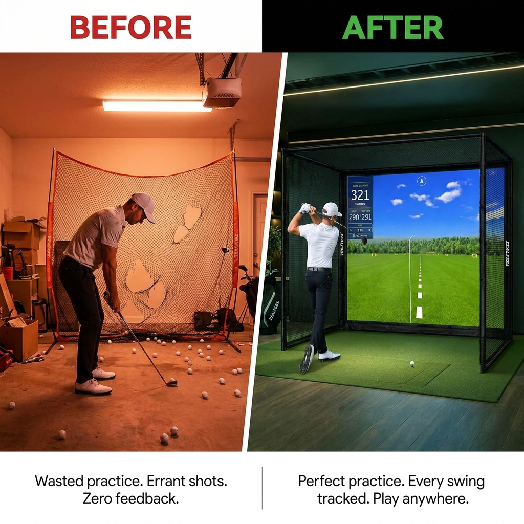 Golf Simulator Enclosure, 10X8Ft Golf Hitting Net Cage with HD Impact Screen & Foam Padding, Indoor Golf Practice Net for Home Garage — Before & After