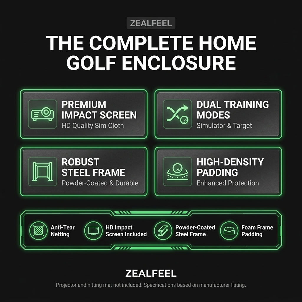 Golf Simulator Enclosure, 10X8Ft Golf Hitting Net Cage with HD Impact Screen & Foam Padding, Indoor Golf Practice Net for Home Garage — Results & Stats