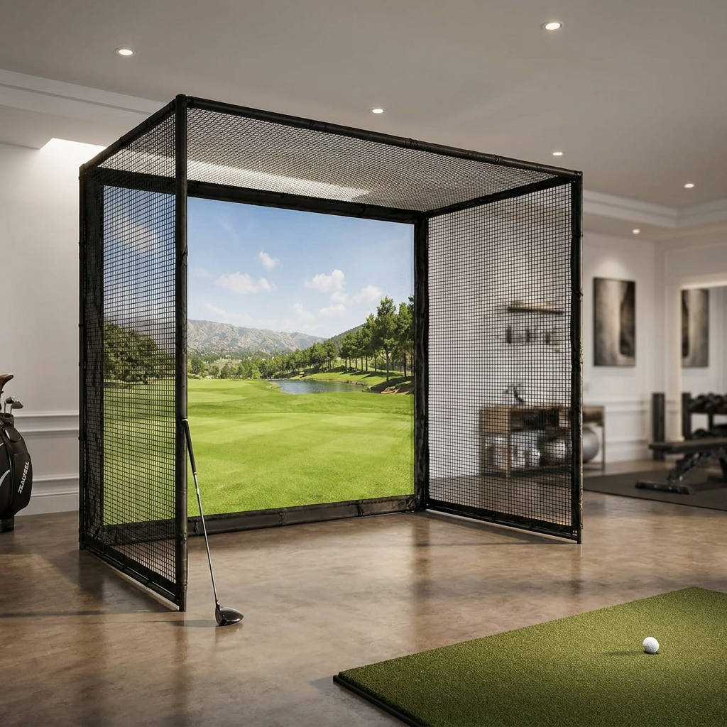 Golf Simulator Enclosure, 10X8Ft Golf Hitting Net Cage with HD Impact Screen & Foam Padding, Indoor Golf Practice Net for Home Garage — Studio Shot