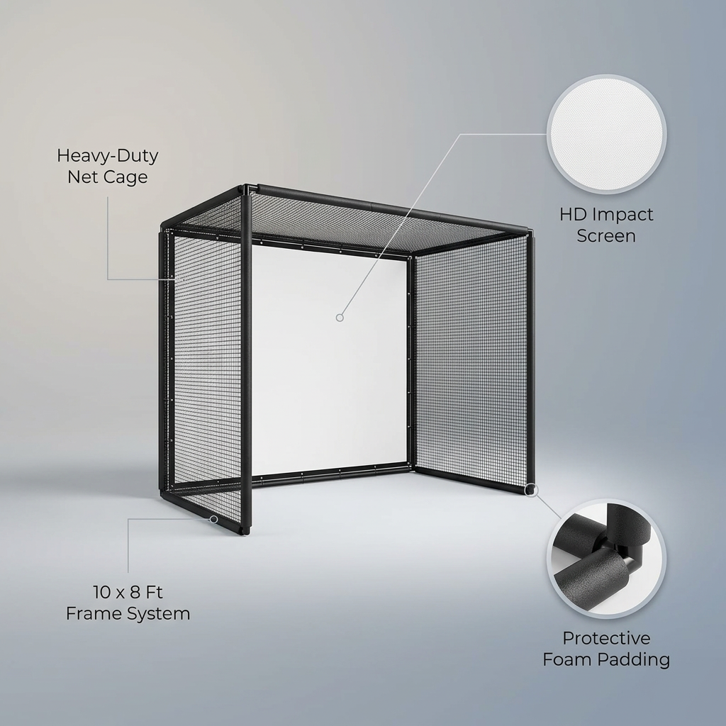 Golf Simulator Enclosure, 10X8Ft Golf Hitting Net Cage with HD Impact Screen & Foam Padding, Indoor Golf Practice Net for Home Garage — infographic