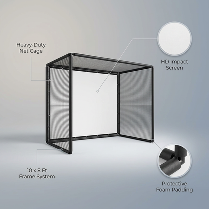 Golf Simulator Enclosure, 10X8Ft Golf Hitting Net Cage with HD Impact Screen & Foam Padding, Indoor Golf Practice Net for Home Garage — infographic