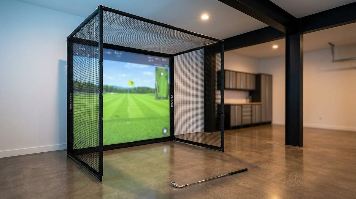 Golf Simulator Enclosure, 10X8Ft Golf Hitting Net Cage with HD Impact Screen & Foam Padding, Indoor Golf Practice Net for Home Garage — Lifestyle