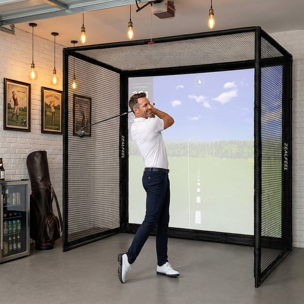Golf Simulator Enclosure, 10X8Ft Golf Hitting Net Cage with HD Impact Screen & Foam Padding, Indoor Golf Practice Net for Home Garage — Lifestyle