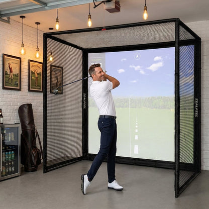 Golf Simulator Enclosure, 10X8Ft Golf Hitting Net Cage with HD Impact Screen & Foam Padding, Indoor Golf Practice Net for Home Garage — Lifestyle
