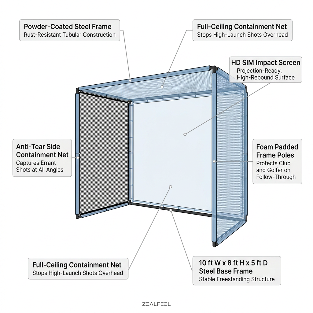 Golf Simulator Enclosure, 10X8Ft Golf Hitting Net Cage with HD Impact Screen & Foam Padding, Indoor Golf Practice Net for Home Garage — How It Works