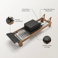 Pilates Reformer,  92" Wooden Pilates Reformer Machine with Springs, Pilates Machines for Home Use and Studio, Pilates Equipment with Sitting Box, Jump Board and Accessories — infographic