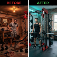 Power Rack Built for Home Gym Training, Metal Construction, Cable Crossover, Smith Machine Functions — Before & After