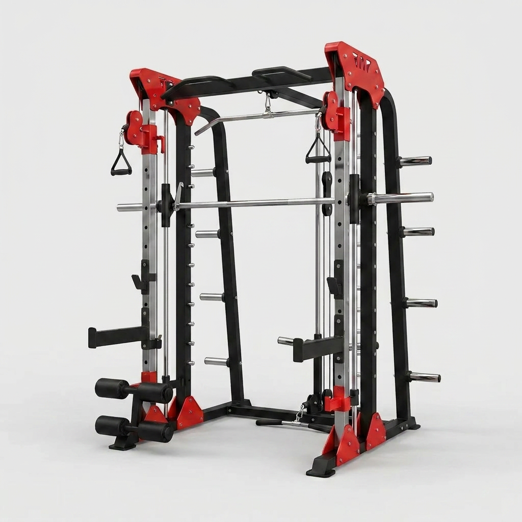 Power Rack Built for Home Gym Training, Metal Construction, Cable Crossover, Smith Machine Functions — Studio Shot