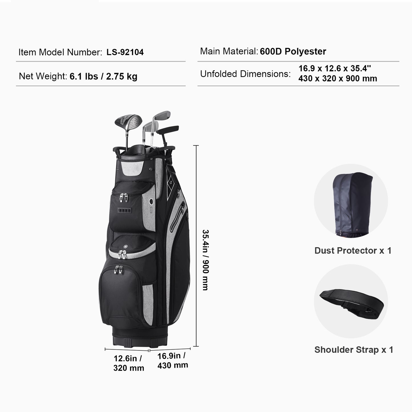 Golf Equipment Bag, 14 Compartment Organizer Top, 36” with 13 Storage Spaces, Robust Golf Gear Bag with Handles, Dust Shield, Removable Straps for Both Genders, Black Mixed Shades