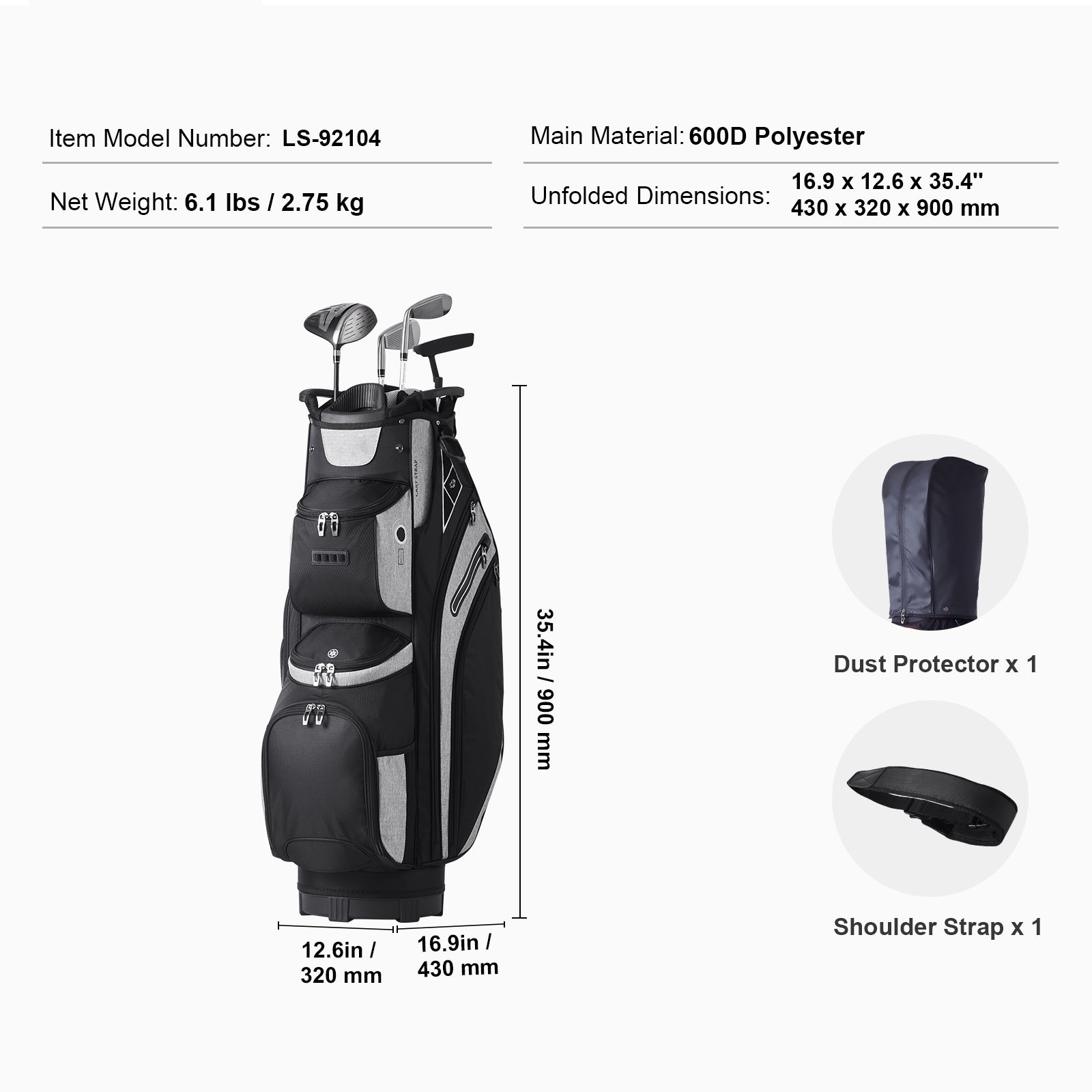 Golf Equipment Bag, 14 Compartment Organizer Top, 36” with 13 Storage Spaces, Robust Golf Gear Bag with Handles, Dust Shield, Removable Straps for Both Genders, Black Mixed Shades