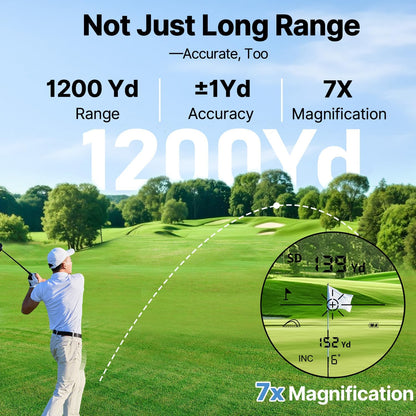 Golf Range Finder with Slope, 1200 Yards Rechargeable Range Finder Golf, 7X Magnification, Flag Lock Vibration, Magnetic Mount,±1 Yard Accuracy, Waterproof, Ideal for Golfing & Hunting