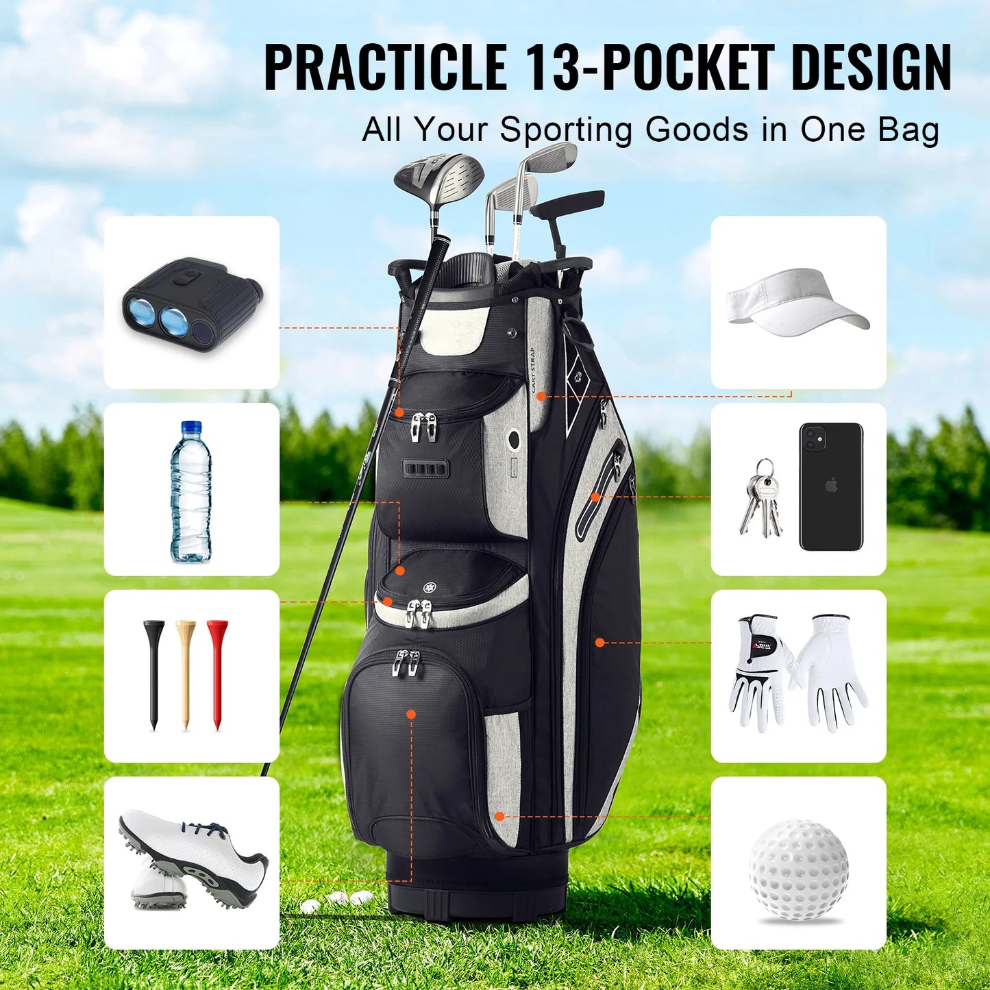 Golf Equipment Bag, 14 Compartment Organizer Top, 36” with 13 Storage Spaces, Robust Golf Gear Bag with Handles, Dust Shield, Removable Straps for Both Genders, Black Mixed Shades
