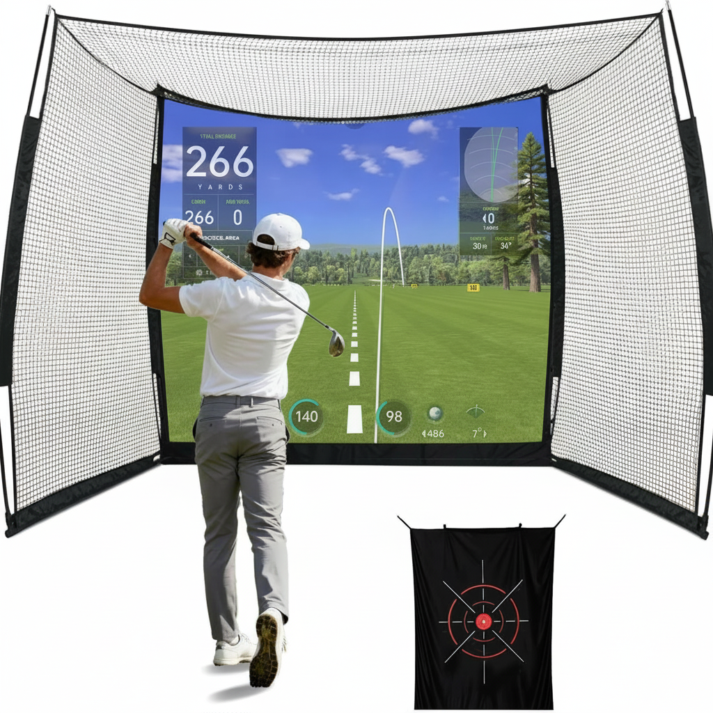 Golf Net, 11X8Ft Golf Simulators Hitting Net with High-Density Impact Screen and Target Cloth, Heavy Duty Practice Cage for Swing Driving, Home Backyard Garage Indoor Outdoor Use