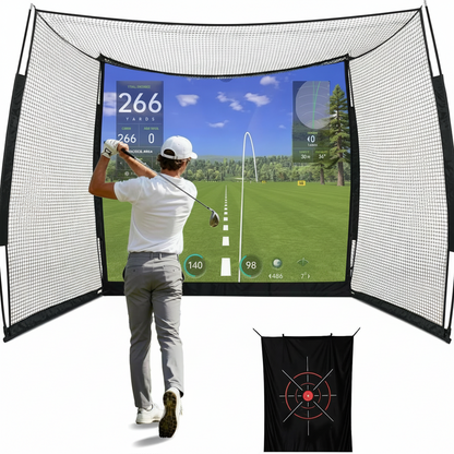 Golf Net, 11X8Ft Golf Simulators Hitting Net with High-Density Impact Screen and Target Cloth, Heavy Duty Practice Cage for Swing Driving, Home Backyard Garage Indoor Outdoor Use